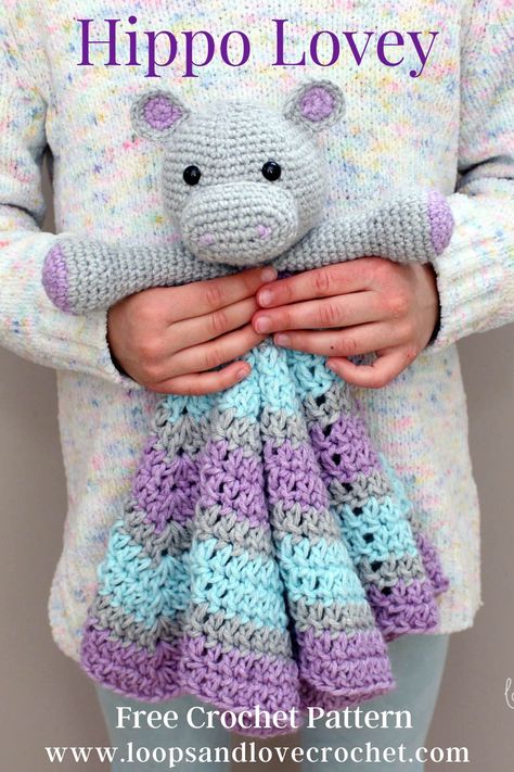 Hippo Lovey - Free Crochet Pattern Loops & Love Crochet Crochet Lovies, Lovey Blanket Pattern, Crochet Lovey Free Pattern, Dinosaur Patterns, Lovey Crochet Pattern, Yard Crafts, Lovey Crochet, Crochet Hippo, Crochet Baby Gifts