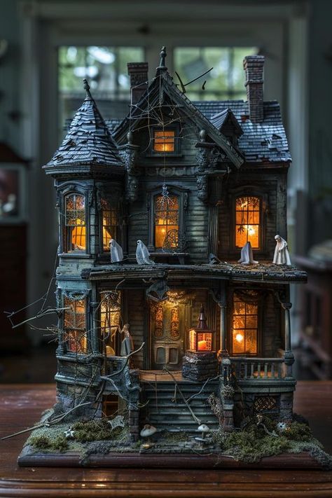 Check out these spooky DIY Halloween decorations ideas! Transform your home into a haunted house, complete with creepy candles, ghostly figures, and eerie lights. Perfect for kids and adults alike. Get started on your next Halloween project now! #HalloweenDecor #DIYHalloween #SpookyDecor Mini Horror House, Old Doll House Halloween, Halloween Haunted Houses Ideas, Witch House Exterior Halloween, Witch Crafts Diy Halloween Decorations, Halloween Mini Haunted Houses, Diy Miniature Halloween Decorations, Victorian Haunted House Decorations, Diy Haunted House Craft