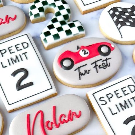 Race Theme Cookies, Two Fast Birthday Cookies Decorated, 2 Fast Birthday Party Cookies, 2 Fast Cookies Decorated, Racing Theme Cookies, Race Car Themed Cookies, Race Car Cookie, Two Fast Sugar Cookies, 2 Fast Birthday Cookies