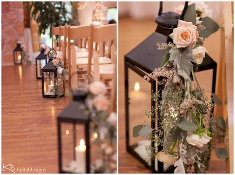 lanterns were used during the ceremony to decorate the aisle, then once the chairs were broken down and the room was flipped for the reception, some of the tables had lanterns as their centerpiece. photos by: kbdigital designs Wedding Arbor With Lanterns, Wedding Aisle Lanterns, Isle Decorations, Wedding Aisle Decorations Outdoor, Wedding Walkway, Wedding Aisle Decor, Wedding Isles, Aisle Runner Wedding, Wedding Aisle Decorations