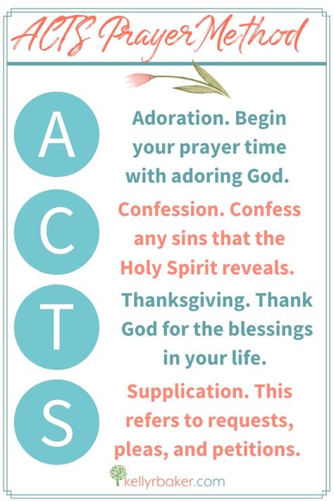 The ACTS prayer method, popularized by its simplicity, has been around for a long time. If you don’t know where to start, use this acronym. Check out the prayer guide to learn more on how to pray. #prayermethod #prayerguide #howtopray Tacos Prayer Method, How To Start A Prayer, Acts Prayer Method, Prayer Guide How To Pray, Pray Acronym, Prayer Acronym, Acts Verses, Prayer Methods, Acts Prayer