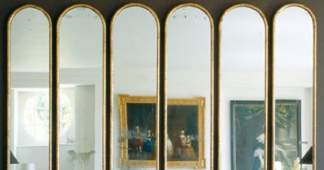 This   wall panelled with arched-top rectangular mirrors caught my eye. While the rest of the space may not be to my taste,  these mirrors ... Arched Mirror Wall, Panelled Mirror, Arched Mirrors, Modern Mirror Design, Design For Living Room, Mirror Design, Modern Mirror, Rectangular Mirror, Hang Over