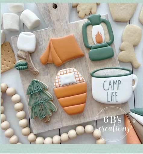 Campfire Cookies, Happy Camper Birthday Party, Smores Sticks, Camping Cookies, Camping Theme Birthday Party, Camping Theme Birthday, Camping Birthday Party, Cookie Kit, Camping Birthday