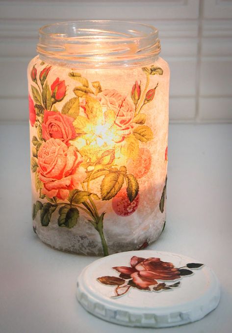 Mason Jar Tissue Paper Lantern, Tissue Paper Jars, Tissue Paper On Glass Jars, Decoupage Candle Jars, Tissue Paper Modge Podge Projects, Decoupage Lantern, Decoupage Mason Jars, Coffee Jar Crafts, Painted Candle Jars