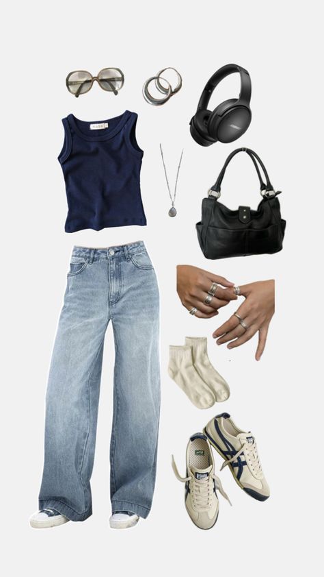 Jeans, navy tank top, black leather purse, navy onitsuka tiger mexico 66, summer outfit Tiger Shoes Onitsuka Woman Outfit, Ootd Onitsuka Tiger Women, Onitsuka Tiger Women Outfit, Onitsuka Tiger Outfit, Tiger Outfit, Onitsuka Tiger Women, Overalls Outfit, Quick Outfits, Big Clothes