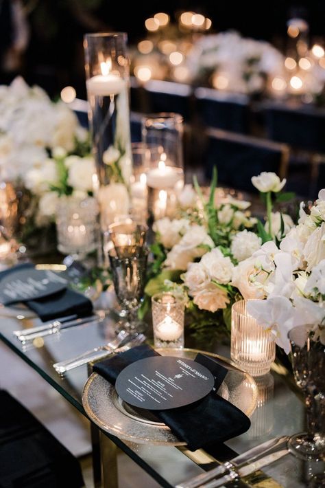 Flower Back Drop Decorations, Indoor Hotel Wedding Reception, Gold And Black Wedding Table Setting, Black Beach Wedding Decor, Flowers At Wedding Reception, Iron Wedding Decor, Black White And Gold Wedding Reception Decor, Classic Black White And Gold Wedding, Plum White And Gold Wedding