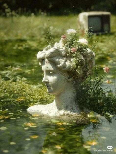 Angel Garden Aesthetic, Classical Statues Aesthetic, Greek Sculptures Aesthetic, Overgrown Statue Aesthetic, Green Statue Aesthetic, Statues In Nature, Statue Garden Aesthetic, Statue In Nature, Marble Statues Aesthetic