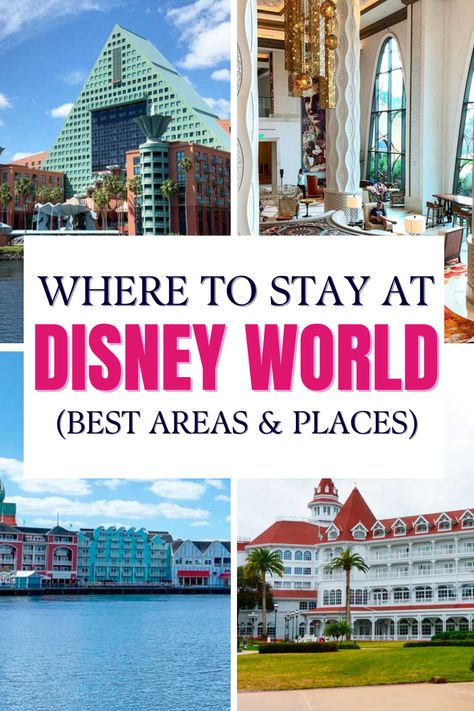 A grid of four different hotels near Disney World Florida Where To Stay In Disney World, Disney World Budget, Disney World On A Budget, Disney World With Kids, Disneyland Florida, Disney World With Toddlers, Disney Transportation, Coronado Springs Resort, Polynesian Village Resort