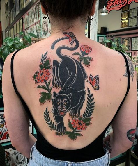 Traditional Back Tattoo, Traditional Panther Tattoo, Traditional Tattoo Woman, Traditional Tattoo Inspiration, Food Tattoos, Black Cat Tattoos, Panther Tattoo, Traditional Tattoo Sleeve, Stomach Tattoos