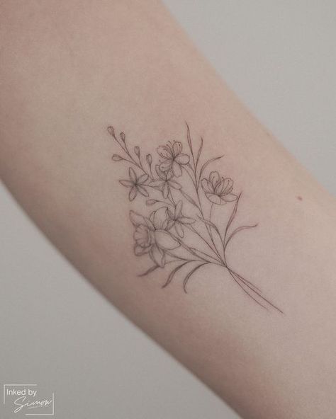 Linework Bouquet Tattoo, Fine Line Blackwork Tattoo, Farm Tattoo, Flower Bouquet Tattoo, Single Needle Tattoo, Bouquet Tattoo, Sun Tattoos, Line Work Tattoo, Female Tattoo