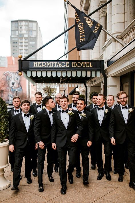 Classic Black And White Groomsmen, Groomsmen Black Suit Gold Tie, Black Suits With Bow Ties, Classic Wedding Tuxedo Groom Attire, Classic Groomsmen Attire Black, Groomsmen Black And White Attire, Black Tux Father Of The Bride, Groomsmen Black Suit Bowtie, Groomsmen Attire Tuxedo Black