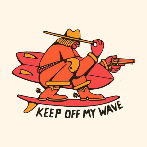 Surfer Cowboy, Surfing Cowboy, Surf Cowboy, Surfboard Illustration, Surf Illustration, Retro Surf Art, Surf Tattoo, Austin Art, Retro Surf