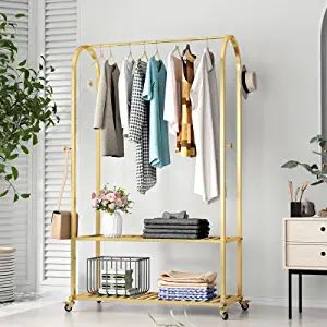 Amazon.com: Modern Clothing Rack on Wheels Gold Display Rack with 2-tier Shelf Metal Hanging Rack Gold Clothes Rack for Boutique, Retail or Home -gold : Home & Kitchen Modern Clothing Rack, Industrial Clothing Rack, Cloth Rack, Free Standing Coat Rack, Coat Rack With Storage, Gold Clothing, Metal Clothes Rack, Hall Stand, Hanging Rack