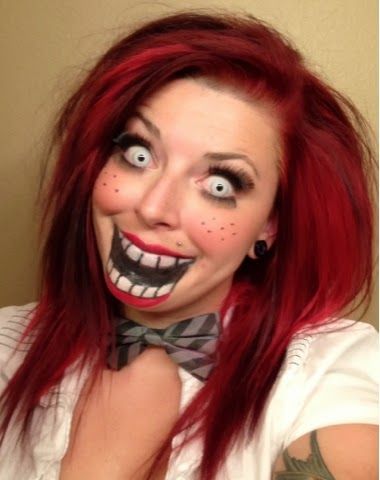 Scary Ventriloquist Doll Makeup, Creepy Doll Costume Women Diy, Ventriloquist Doll Costume, Ventriloquist Doll Makeup, Creepy Doll Costume, Creepy Doll Makeup, Voodoo Doll Costume, Dummy Doll, Creepy Doll Halloween