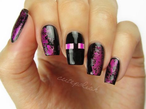 Minecraft Nails, Mc Nails, Pink Black Nails, 1 Day Left, Fake Nails Designs, Hello Nails, Blue Acrylic Nails, Goth Nails, Pretty Nail Art Designs