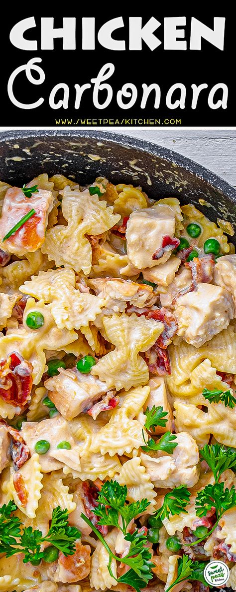 Cabanara Pasta, Easy Chicken Carbonara, Chicken And Bacon Carbonara, Creamy Chicken Carbonara, Chicken Carbonara Pasta, Bacon Carbonara, Chicken Carbonara Recipe, Pancetta Recipes, Chicken Carbonara