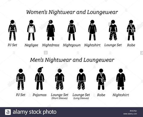 Men and women nightwear and loungewear fashion designs. Stick figures depict different type of sleepwear, pajamas, and clothing that wear at home or h Stock Vector Nightgown Outfit, Night Wear Pajamas, Sleep Outfit, Pijamas Women, Night Gown Dress, Night Pajama, Loungewear Fashion, Mens Nightwear, Home Wear Women Pajamas