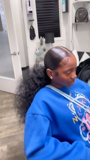 Sleek Puffy Ponytail Weave, Slick Back Fluffy Ponytail, Two Slicked Ponytails, Bohemian Curl Ponytail, Upper Ponytail Hairstyles, Fluffy Curly Ponytail Weave, Middle Part Slick Back Ponytail Weave Curly, Fluffy Weave Ponytail, Water Curl Ponytail