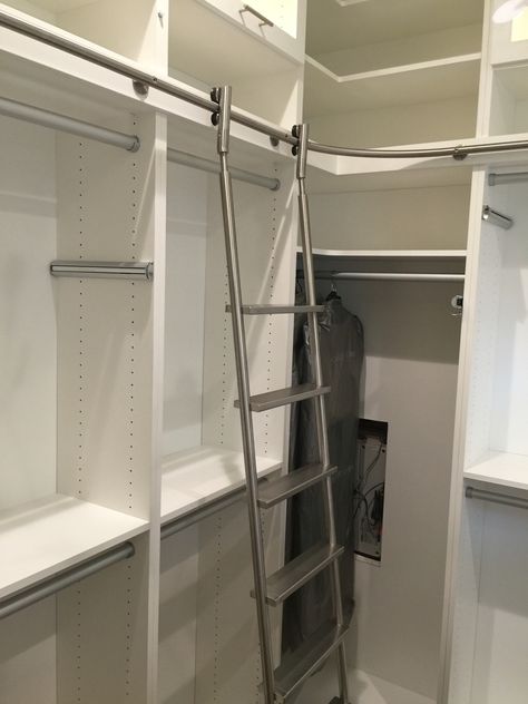 Walk In Closet With Ladder, Closet With Ladder Small Spaces, Sliding Ladder Closet, Closet Ladder Ideas, Closet With Ladder, Wardrobe Ladder, Closet Ladder, Small Walkin Closet, Narrow Walk In Closet