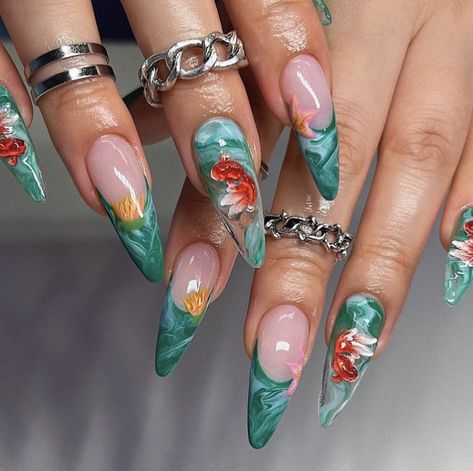 Pisces Nail Art, Pisces Nails Designs, Pisces Nails, Fish Nails, Beach Nail Designs, Baddie Nails, Beach Nails, Birthday Nails, Nails Coffin