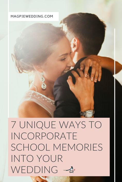 Want to make your wedding day super personla as childhood sweethearts? Check out 7 Unique Ways To Incorporate School Memories Into Your Wedding #magpiewedding Childhood Sweetheart Wedding, Married My High School Sweetheart Quotes, High School Sweetheart Wedding, Prom Songs, Childhood Sweethearts, High School Prom, Appreciation Message, School Songs, Guest Book Table