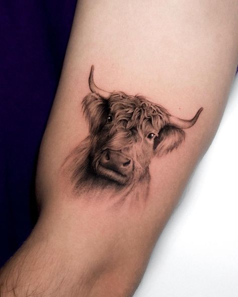 Cow done @denkmal_tattoo Next Guest Spots Vienna • Nov 27 - Dec 2 [books closed] Berlin • Mar 4 - Mar 9 [books open] Zürich • Apr 22 -… | Instagram Cow Tattoo Men, Cow Tattoo Realistic, Millie Tattoo, Barn Tattoo, Highland Cow Tattoo, Hypnotic Beauty, Farm Tattoo, Shoulder Cap Tattoo, Cow Cake