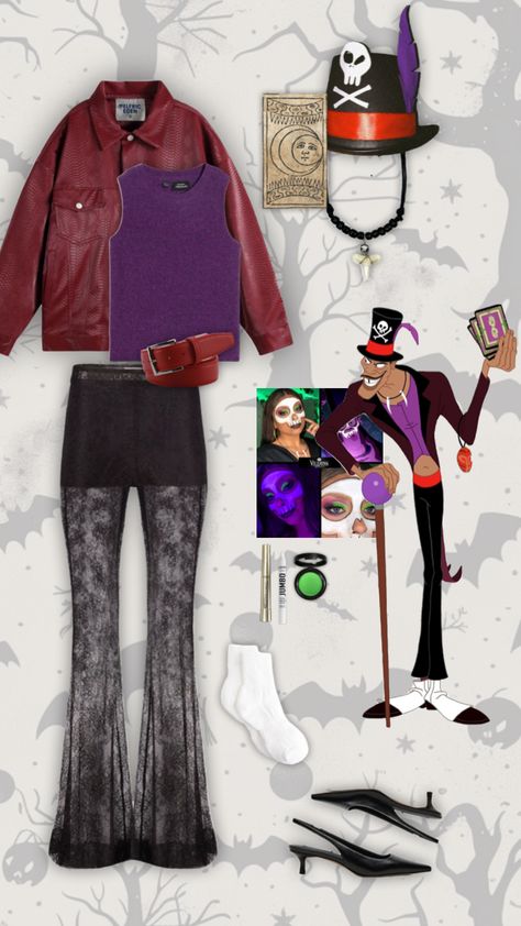 Dr. Facilier #halloween #halloweenaesthetic #costume #costumeideas #halloweencostume Last Minute Character Day Costumes, Dr Facilier Costume Female, Fantasias Femininas Festa, Dr Facilier Costume, Character Day Ideas, Disney Villain Costumes, Dr Facilier, Halloween Parejas, Halloween Coustumes