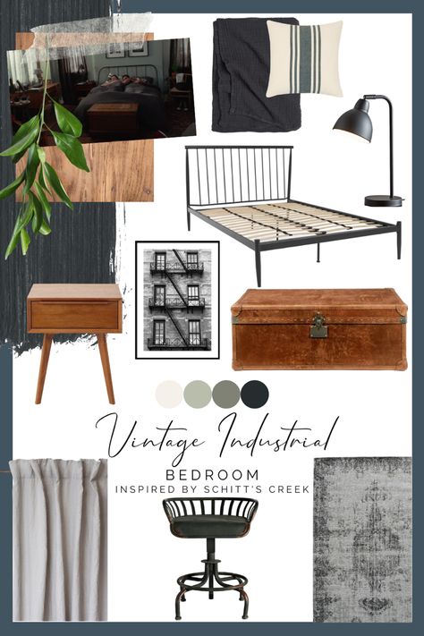 Tv Apartment, Vintage Industrial Bedroom, Mood Board Bedroom, Industrial Decor Bedroom, Industrial Bedroom Design, Grown Up Bedroom, Vintage Moodboard, Monochrome Bedroom, Interior Design Moodboard