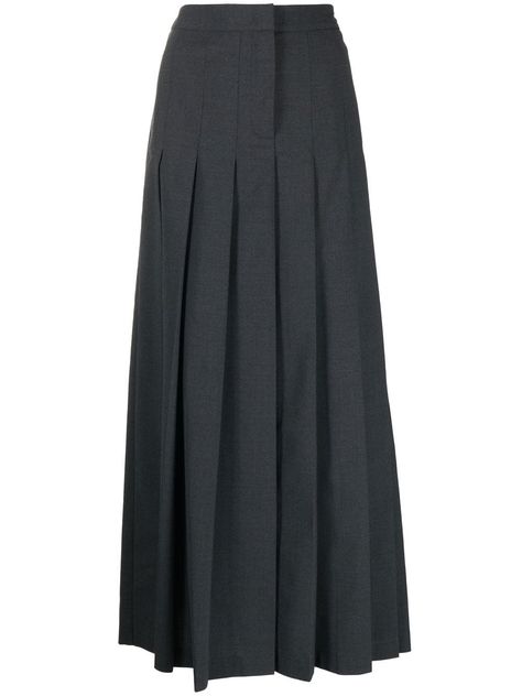 four-pocket pleated full skirt from Nº21 featuring dark grey, flared, pleat detailing, concealed front fastening and long length. Dark Grey Pleated Skirt, Long Skirt Pleated, Skirt Png, Box Pleat Skirt, Hijab Outfits, Pleated Long Skirt, Full Skirts, Pleated Maxi Skirt, Box Pleats