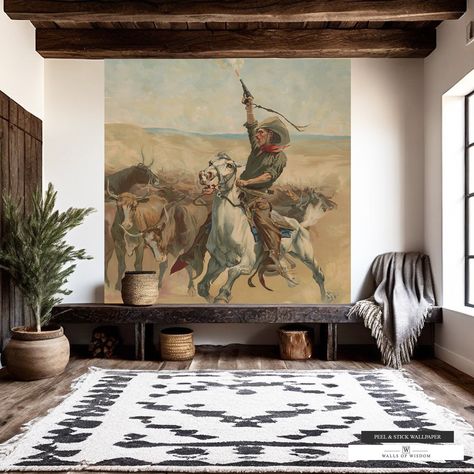 Embrace the Frontier: 'Heading a Stampede' Vintage Cowboy Wallpaper Step into the heart of the Western frontier with our "Heading a Stampede" wallpaper mural, a vintage masterpiece that captures the raw energy and untamed spirit of cowboy life. This exceptional piece portrays a dramatic scene of a cowboy navigating through a stampede of bulls, all rendered in rich, warm neutral earth tones that evoke the essence of the wild, open landscapes. Crafted for those who appreciate the depth of Western Large Western Wall Decor, Vintage Cowboy Wallpaper, Western Mural, Art Accent Wall, Western Office Decor, Cowhide Decor, Western Interior, Western Wall Decor, Ranch House Decor