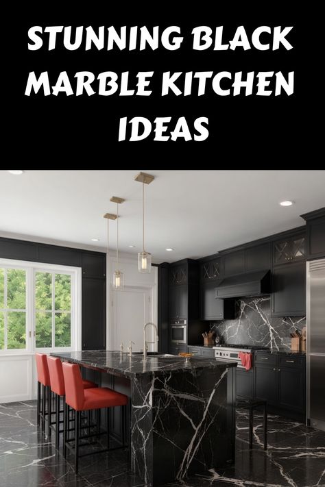 Stunning black marble kitchen with red bar stools and large windows. Marble Kitchen Ideas, Marble Kitchen Inspiration, Black Marble Kitchen, Marble Kitchen Decor, Marble Inspiration, Marble Kitchens, Black Marble Countertops, Red Bar Stools, Marble Kitchen Island