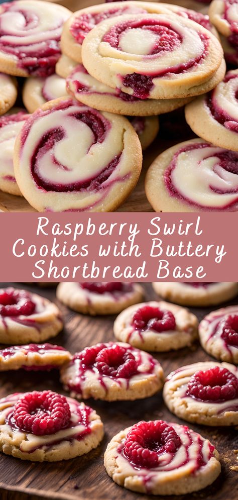 Raspberry Swirl Cookies with Buttery Shortbread Base Recipe | Cheff Recipes Raspberry Shortbread Cookies Recipes, Tea Party Baked Goods, Fruity Cookies Recipes, Raspberry Swirl Cookies, Valentines Cookie Recipes, Raspberry Cookies Recipes, Valentine’s Cookies, Hummingbird Cookies, Raspberry Shortbread Cookies