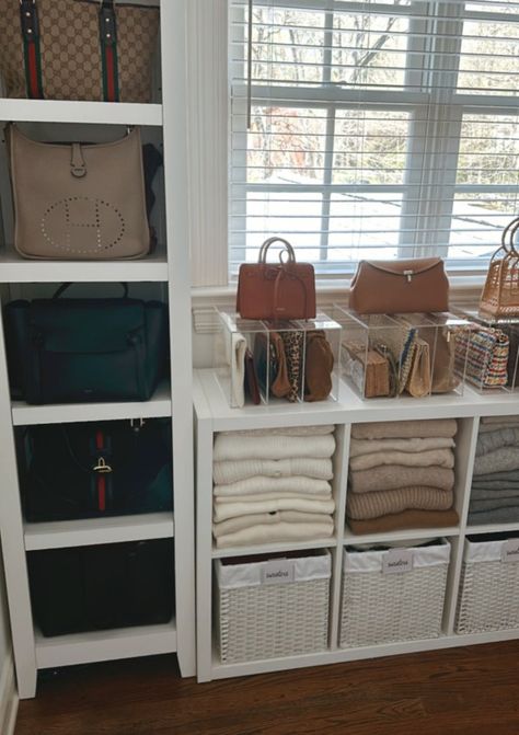 Organizing Your Closet Ideas - Closetful of Clothes Closet Organization Ideas For Bags, Purse Displays Retail, Purse And Shoe Display, Designer Purse Organization, Black Hangers Aesthetic, Organizing Bags In Closet, Kallax Purse Storage, Duffle Bag Storage Ideas Closet, How To Store Bags And Purses