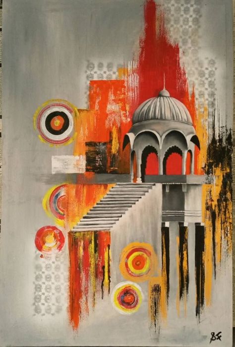 India Abstract Painting, Abstract Buildings Art, Graphic Oil Painting, Architectural Acrylic Paintings, Abstract Art Buildings, Old Building Painting, Building Oil Painting, Painting Buildings Acrylic, Abstract Indian Art