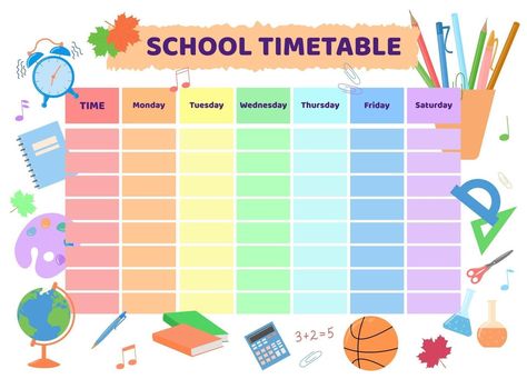 School timetable. Rainbow kid design of planner Teachers Timetable, School Timetable Template Printable, School Time Table Ideas, Timetable Design Aesthetic, Time Table Chart Ideas For Classroom, Aesthetic Time Table, Time Schedule Design, Time Table Design School Chart, School Timetable Design Aesthetic