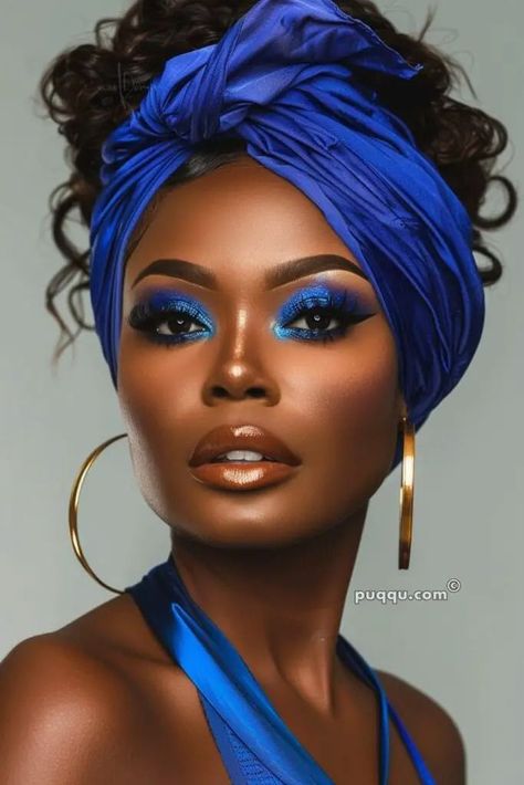 Blue Makeup Looks With Rhinestones, Blue Drag Makeup, Blue Eye Makeup Black Women, Blue Eyeshadow Makeup, 2023 Makeup, Blue Eyeshadow Looks, Korean Makeup Tips, Blue Smokey Eye, Blue Makeup Looks