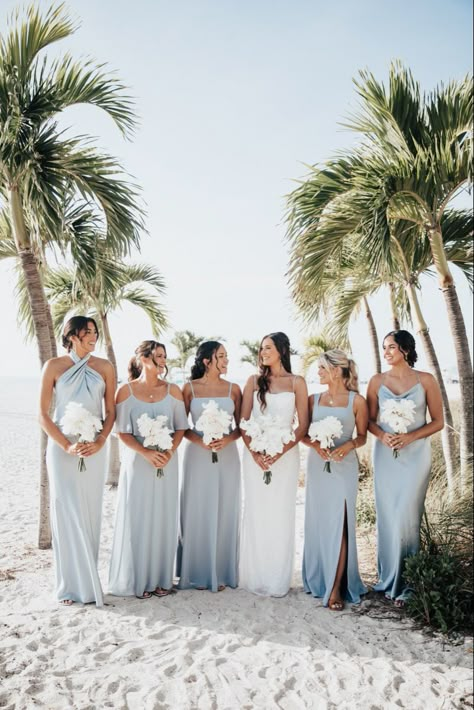 Beach Bridesmaid Colors, Light Blue Bridesmaid Dresses Beach, Champagne And Blue Bridesmaid Dresses, Beach Wedding Light Blue, Bridal Party Beach Wedding, 7 Bridesmaids Pictures, Beach Wedding Colors Bridesmaid Dress, Oyster Bridesmaid Dresses, Blue Bridesmaid Dresses Beach