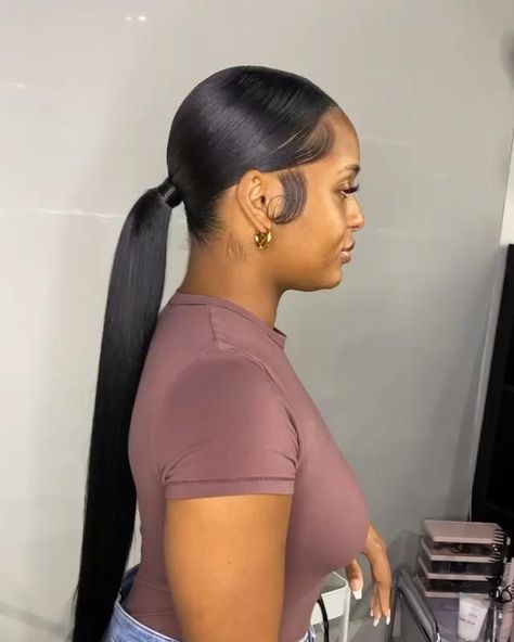 Low Ponytail Wigs Black Women, Slim Back Ponytail, Low Extended Ponytail Weave Middle Part, Slick Back Extended Ponytail, Low Long Ponytail Black Women, Black Women Long Ponytail Hairstyles, Center Part Ponytail Black Women, Low Ponytail For Black Women, Sleek Low Bun Black Women Middle Part