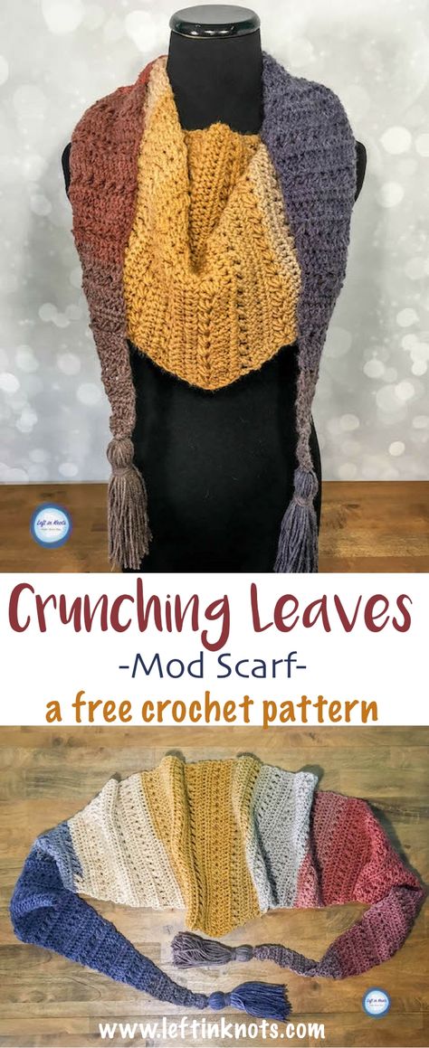 The Crunching Leaves Mod Scarf features all the best warm fall tones with just one cake of Lion Brand Mandala yarn!  This trendy triangle scarf will keep you warm all fall and winter long.  Read more for the free modern crochet pattern.  Special stitch descriptions make this pattern easy - even for beginners! Modern Haken, Lion Brand Mandala Yarn, Crochet Scarf Easy, Crochet Triangle Scarf, Mandala Yarn, Modern Crochet Patterns, Crochet Leaves, Haken Baby, Shawl Patterns