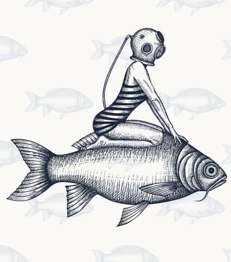 Vintage Fish Drawing, Fish On A Bike, Tuna Tattoo, Fish Line Drawing, Fishing Tattoo, Art Tattoos, Flash Art, Fish Art, Art Graphique