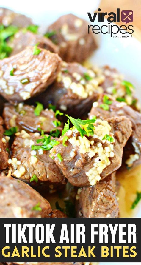 Air Fryer Steak Bites, Air Fry Steak, Sirloin Tip Steak, Steak Bites Recipe, Garlic Steak, Delicious Steak, Viral Recipes, Air Fryer Steak, Butter Steak