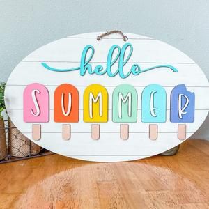 Hello Summer Popsicle Sign Hello Summer Front Door Sign | Etsy Popsicle Door Hanger, Shiplap Door, Hello Summer Sign, Porch Wall Decor, Rustic Front Door, Shiplap Sign, Door Hanging Decorations, Summer Door Hanger, Front Door Porch