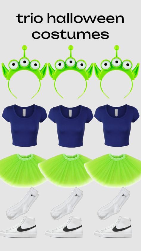 Toy Story Alien Halloween Costume Diy, Twin Day For 3 People Spirit Week, Twin Day Spirit Week 3 People, Simple Toy Story Costume, Matching Ideas For Friends, Tinkerbell And Friends Costume Halloween, Three Aliens From Toy Story Costume, Aliens From Toy Story Costume Diy, 90s Halloween Outfits