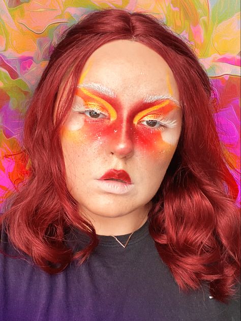 Red Alien Makeup, Orange Make Up Looks Creative, Fire Inspired Eye Makeup, Red Fantasy Makeup, Orange Rave Makeup, Fire Fairy Makeup, Yellow And Red Makeup, Orange Fairy Makeup, Orange And Gold Makeup