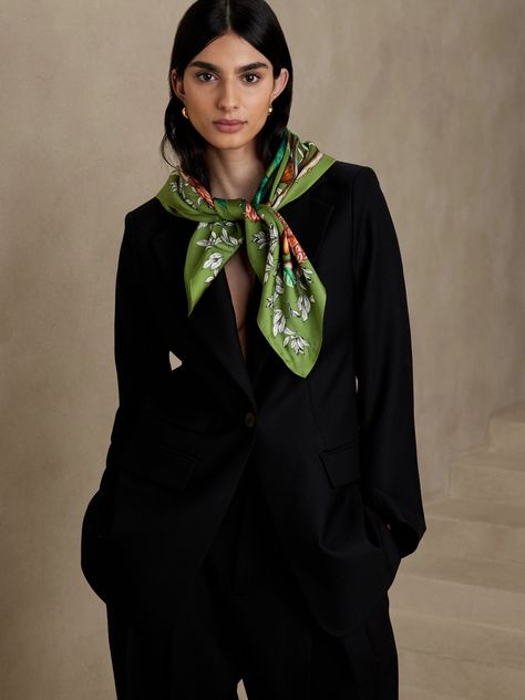 Signature Silk Scarf | Banana Republic Silk Neck Scarf Outfit, Neck Scarf Outfit, Silk Scarf Outfit, Scarf Aesthetic, French Scarf, Shawl Outfit, Silk Scarf Design, Large Square Scarf, Green Silk Scarf