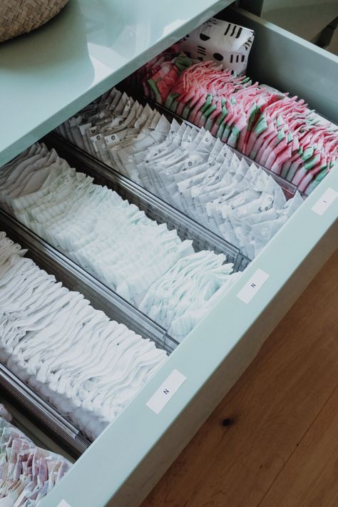 Nursery Drawer Organization, Baby Dresser Organization, Pottery Barn Crib, Nursery Design Neutral, Nursery Drawer, Diaper Storage, Baby Dresser, Baby Room Organization, Diaper Organization