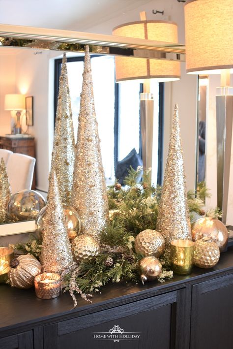 My Top Ten Posts of 2018 - Silver and Gold Glam Centerpiece - Home with Holliday    #topten #toptenposts #topten2018 #homewithholliday #christmasdecor #holidaydecor #xmasdecor Christmas Cones, Deco Table Noel, Silver Christmas Decorations, Metallic Christmas, Glam Christmas, Gold Christmas Decorations, Metal Christmas Tree, Gold Glam, Christmas Centerpiece