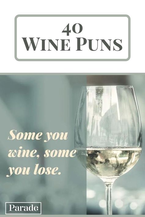 Chardon-Hey, These 40 Wine Puns Will Put You in a Grape Mood! #winepun #puns #wine #cocktail #jokes #adultjokes #adultpuns https://parade.com/living/wine-puns Wine Puns Funny, Cocktail Jokes, Italian Puns, Grape Quotes, Grape Ideas, Friendship Puns, Color Puns, Alcohol Puns, Wedding Puns