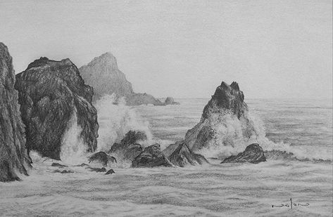 Drawing Rocks, Ocean Drawing, Landscape Pencil Drawings, Sea Drawing, Pencil Drawing Tutorials, Landscape Sketch, Charcoal Drawings, Seascape Art, A Level Art