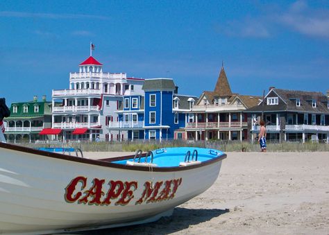 ... The beach at Cape May, NJ With a View of Victorian Homes on Beach Ave  This is cute but nothing compares to Atlantic City even in the 1960s when I went there with my parents. Then the casinos came and devoured what was left of the old Atlantic City and even the early 1980s fun is gone. But, time renews al and Atlantic City has all the time in the world to begin a new life as whatever is meant to be for the moment. Cape May Beach, Cape May Nj, Victorian Buildings, Seaside Resort, Cape May, Family Beach, Beach Getaways, Atlantic City, Jersey Shore